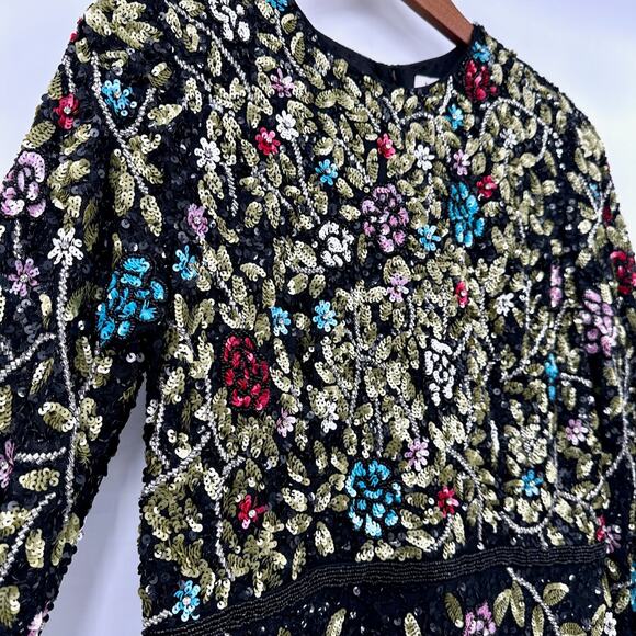 Mac Duggal Black Floral Embellished Long Sleeve Sequined Gown #5556 Sz 10 NWT - Picture 5 of 13